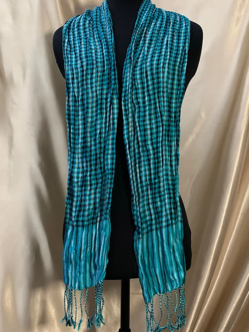 Teal Black Checkered Gingham Plaid Scarf Silver Metallic Stripe Fringe Emo